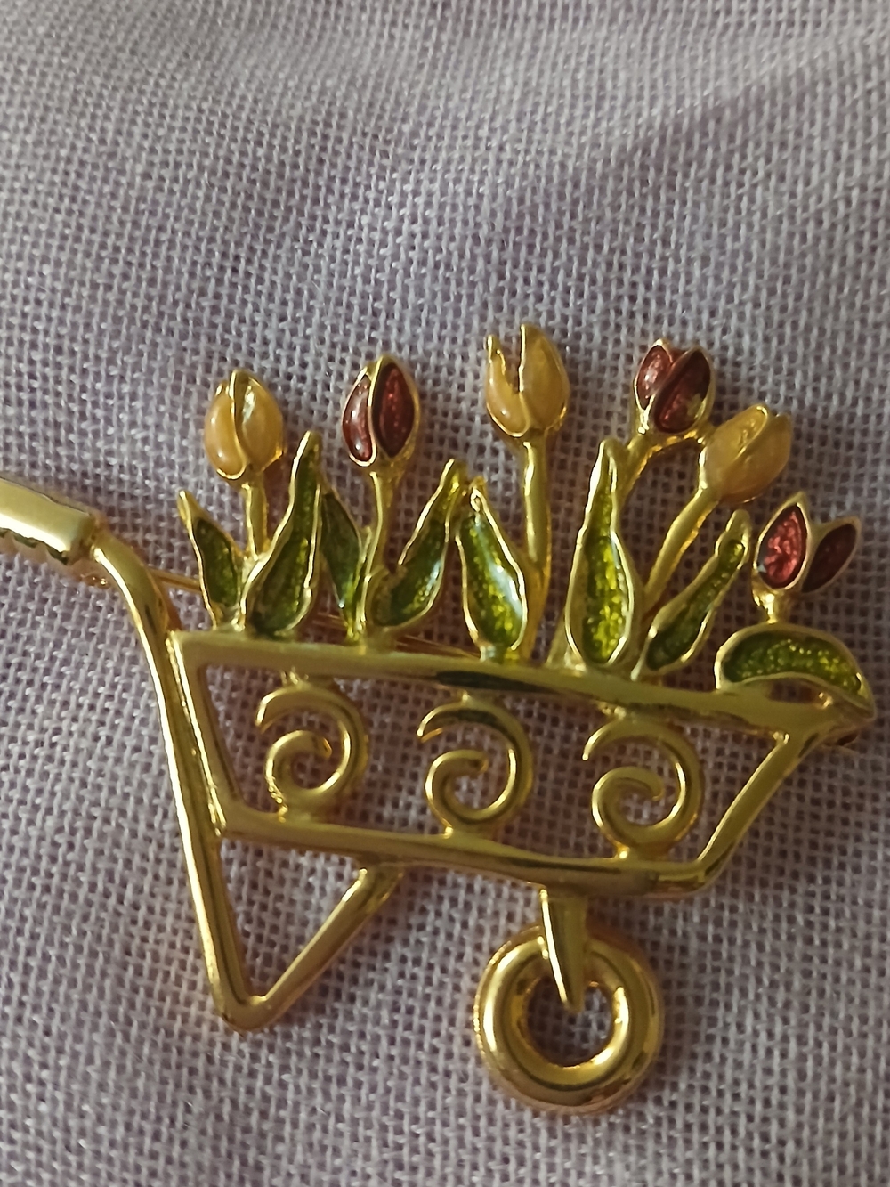 Vintage Gold-Tone Tulip Wheelbarrow Brooch with Green and Pink And Yellow Enamel